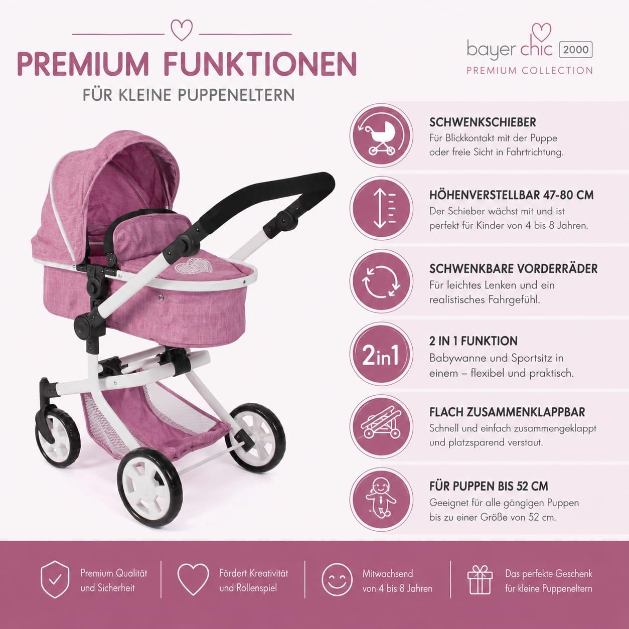 2-in-1 Kombi-Puppenwagen in Jeans Pink - höhenverstellbar - bis zu 34% Rabatt