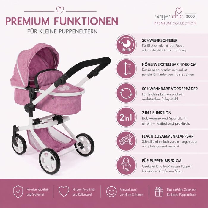 2-in-1 Kombi-Puppenwagen in Jeans Pink - höhenverstellbar - bis zu 34% Rabatt