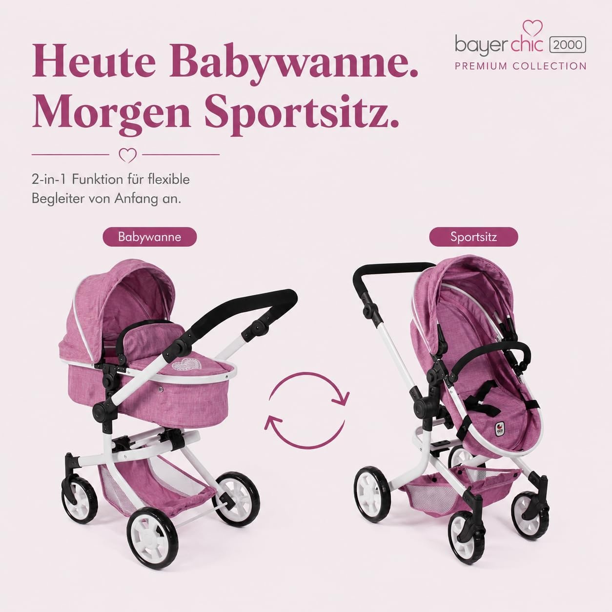 2-in-1 Kombi-Puppenwagen in Jeans Pink - höhenverstellbar - bis zu 34% Rabatt