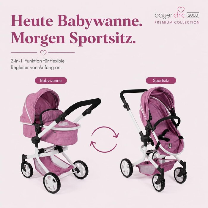 2-in-1 Kombi-Puppenwagen in Jeans Pink - höhenverstellbar - bis zu 34% Rabatt
