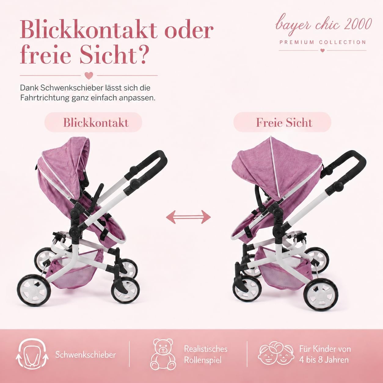 2-in-1 Kombi-Puppenwagen in Jeans Pink - höhenverstellbar - bis zu 34% Rabatt