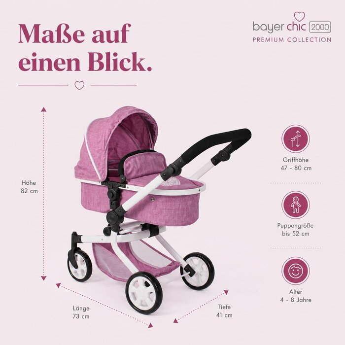 2-in-1 Kombi-Puppenwagen in Jeans Pink - höhenverstellbar - bis zu 34% Rabatt