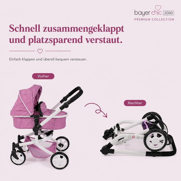 2-in-1 Kombi-Puppenwagen in Jeans Pink - höhenverstellbar - bis zu 34% Rabatt