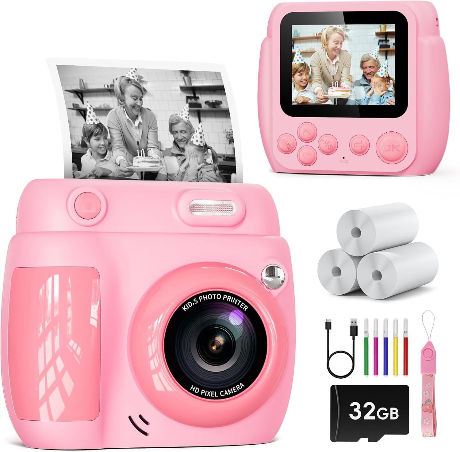 Digitale Kinder-Sofortbildkamera Rosa, 1080p, 32GB, 60% Rabatt
