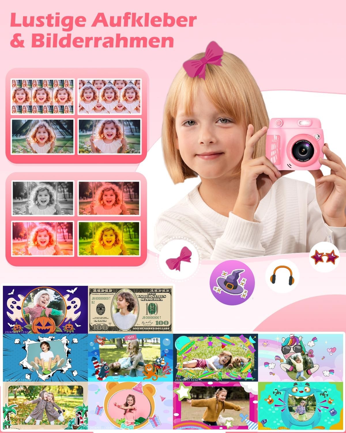 Digitale Kinder-Sofortbildkamera Rosa, 1080p, 32GB, 60% Rabatt