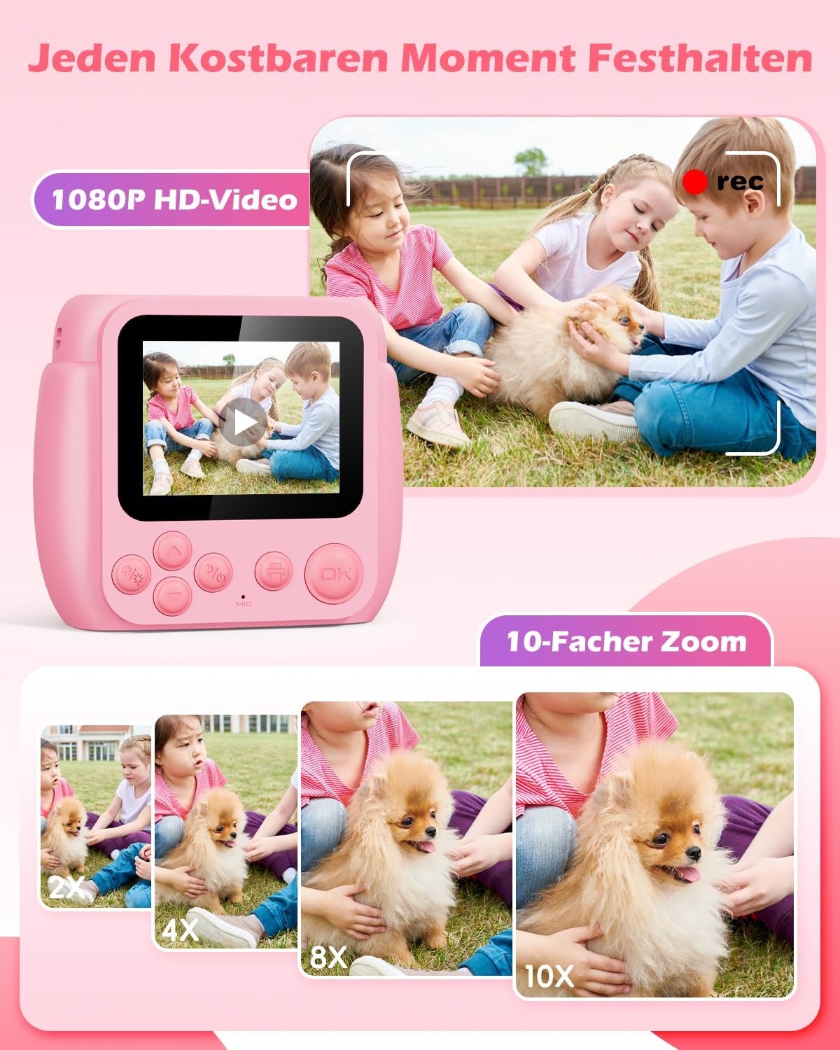 Digitale Kinder-Sofortbildkamera Rosa, 1080p, 32GB, 60% Rabatt
