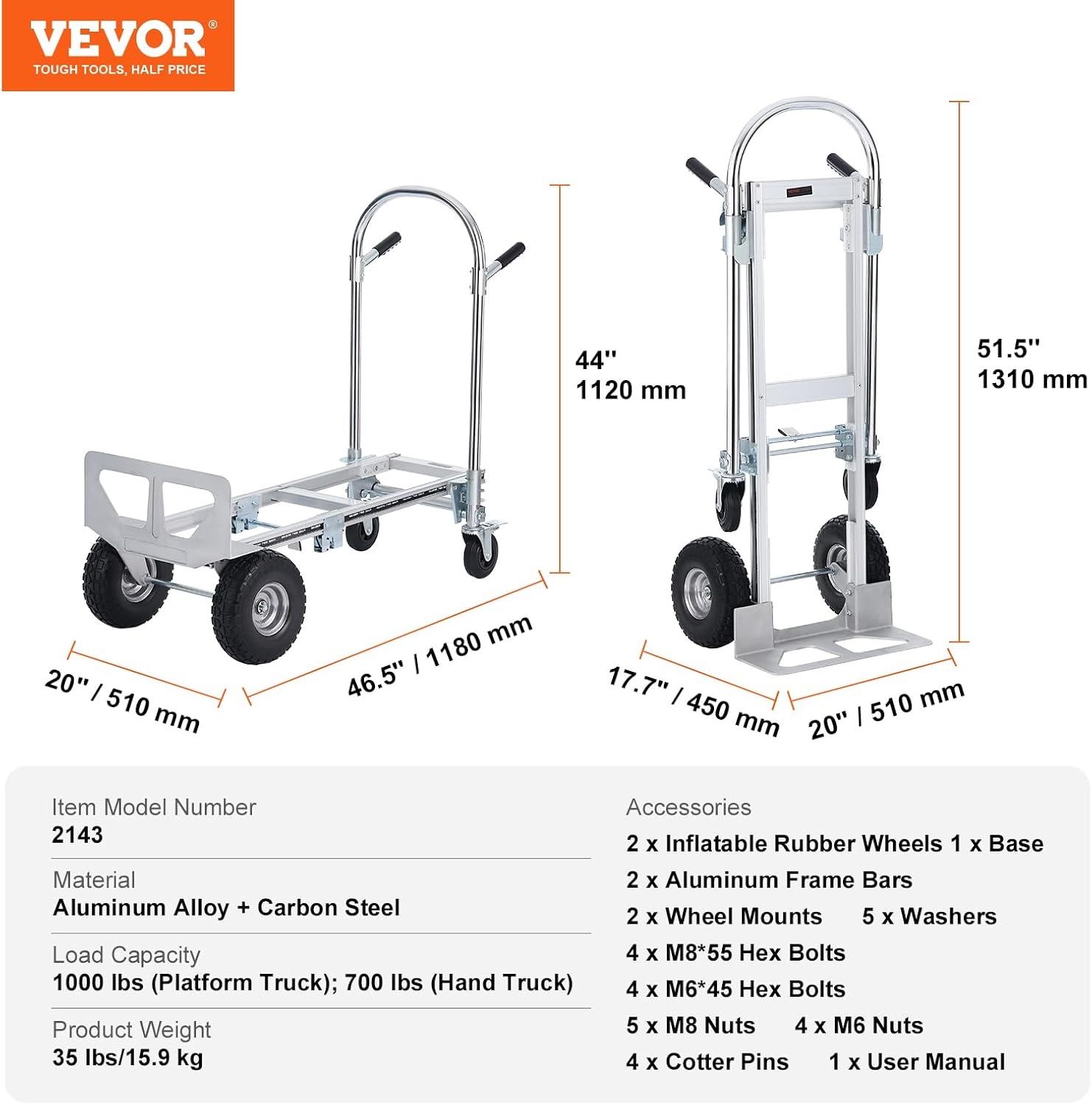 Vevor 2-in-1 Sackkarre & Plattformwagen - bis 454 kg - Silber - bis zu 35% Rabatt