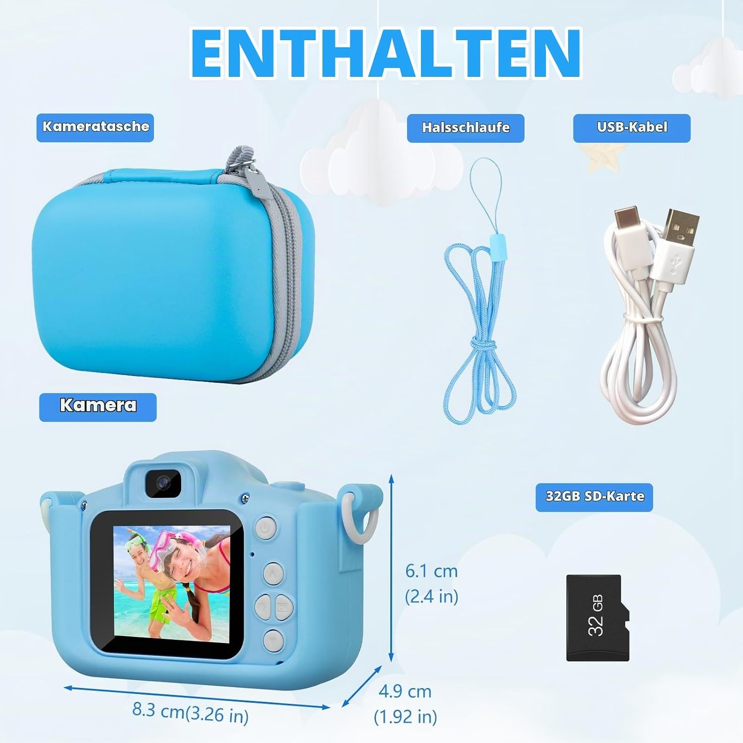Digitale Kinderkamera 1080p mit 32GB SD-Karte - Blau - bis zu 32% günstiger
