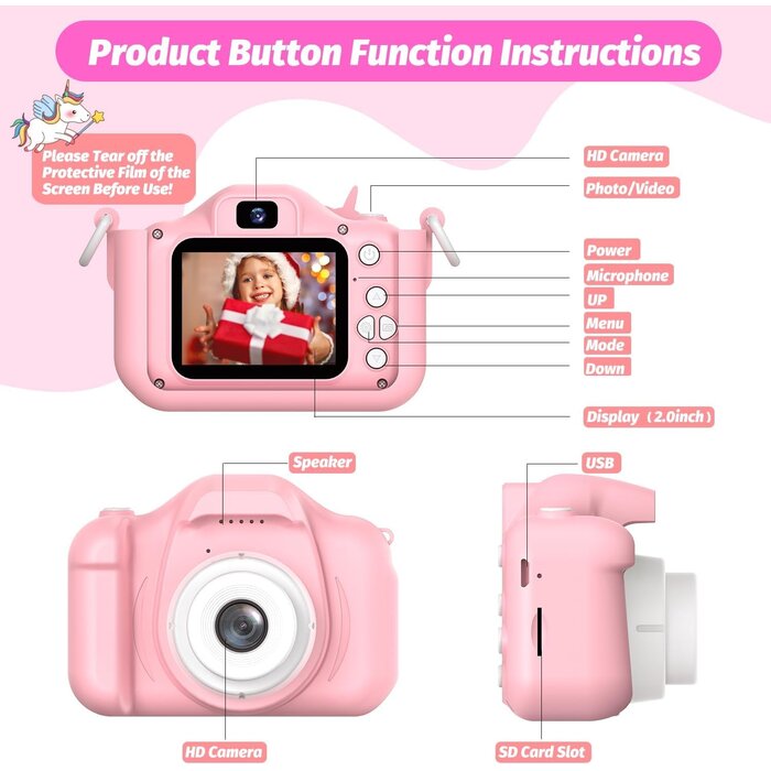 Kinderkamera Einhorn Pink 12MP HD mit 32GB - Jetzt bis zu 33% günstiger
