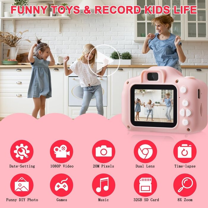 Digitale Kinderkamera HD mit 32GB SD-Karte - Rosa - bis zu 31% Rabatt