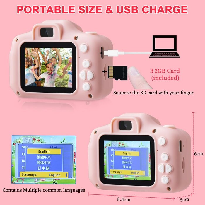 Digitale Kinderkamera HD mit 32GB SD-Karte - Rosa - bis zu 31% Rabatt