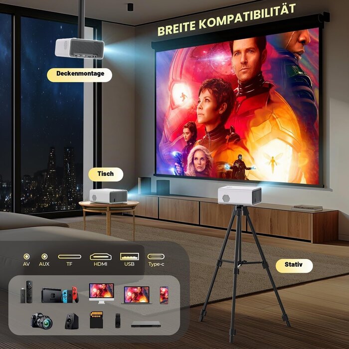 Mini Beamer 4K Support - Tragbarer Heimkino Projektor, bis zu 34% reduziert