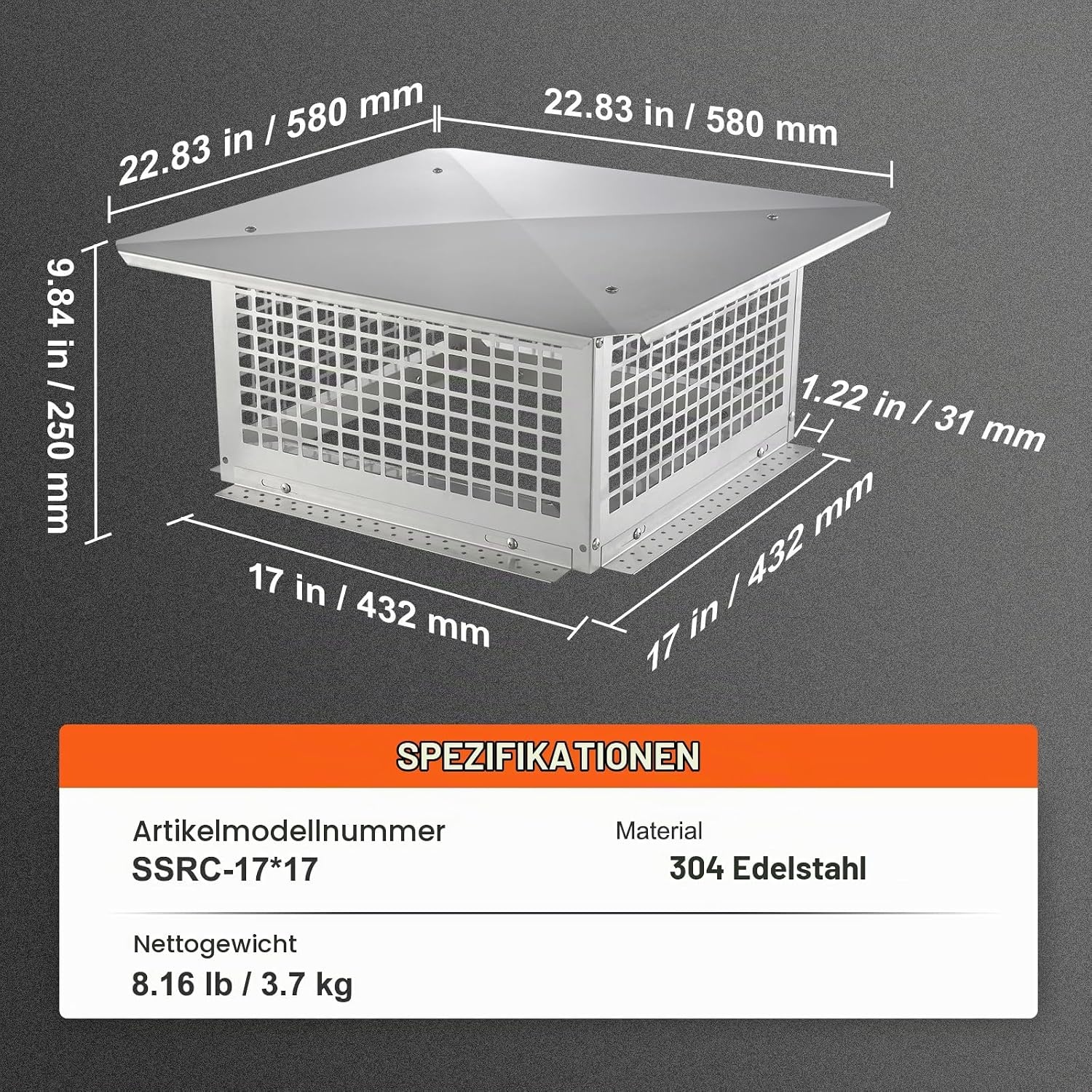 Schornsteinabdeckung Edelstahl 582x582 mm - Bis zu 35% Rabatt im Outlet