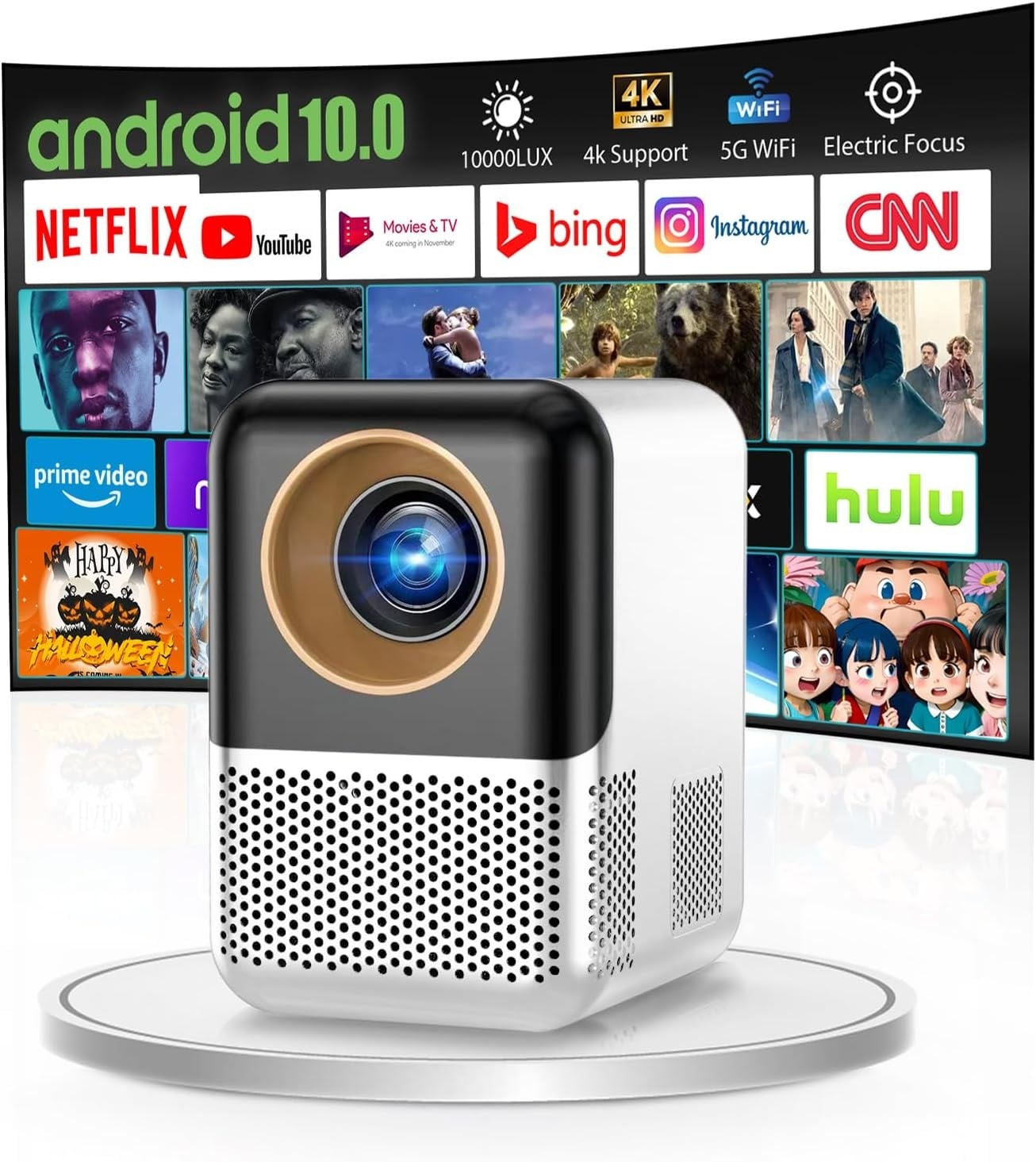 Mini Beamer 1080p Android 10.0, Schwarz/Weiß, Größe S - 64% Rabatt
