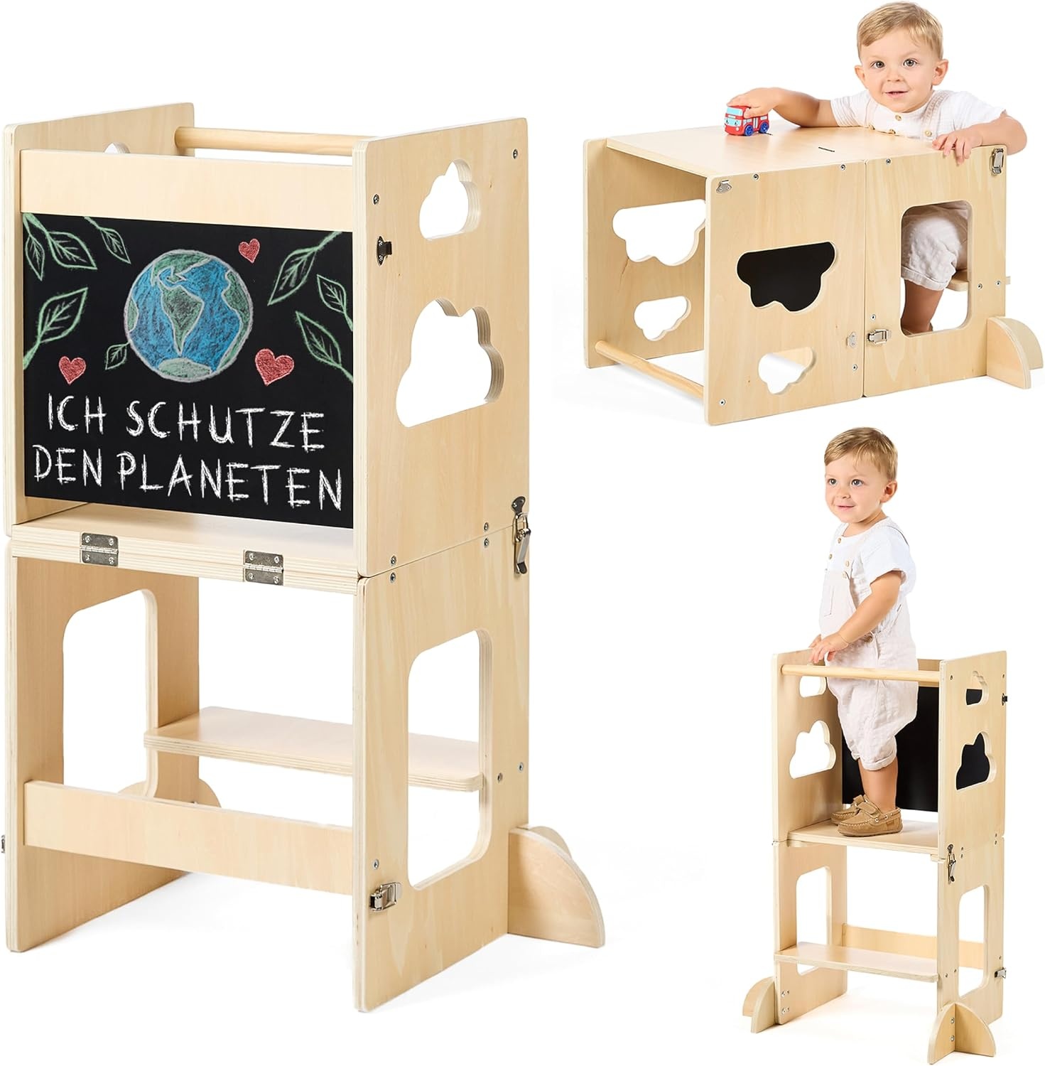 3-in-1 Lernturm aus Naturholz - Küchenhelfer & Schreibtisch - bis zu 29% Rabatt