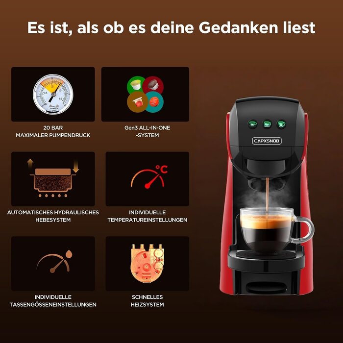 5-in-1 Kapsel-Kaffeemaschine, 20 Bar, Rot - jetzt bis zu 35% sparen