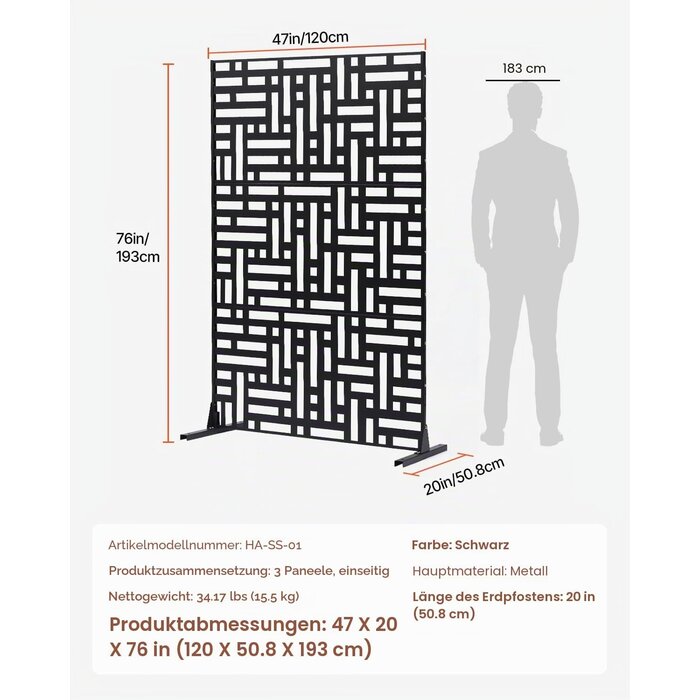 3-tlg. Sichtschutzwand Metall, 120x193cm, Schwarz - bis zu 69% Rabatt