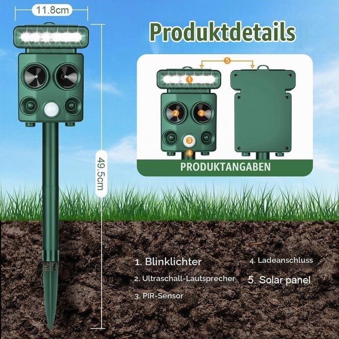 Ultraschall-Tiervertreiber mit Solar & PIR - bis zu 30% sparen!