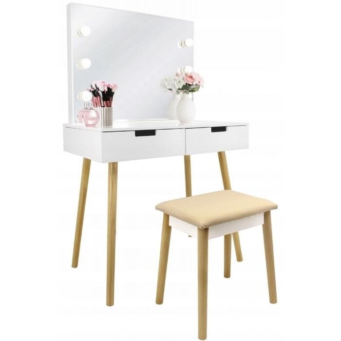 Chomik Schminktisch mit Spiegel, 6 LED & Hocker - Weiß - 61% Rabatt