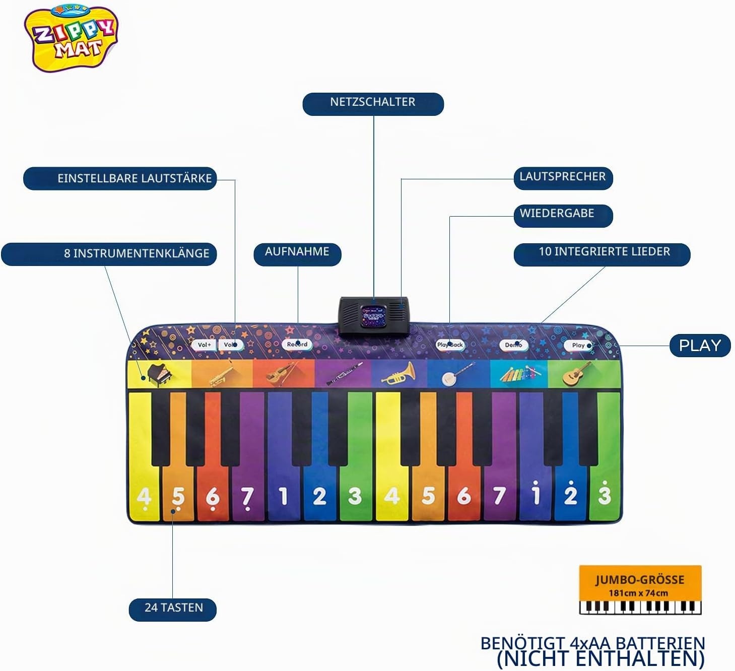 Musik-Tanzmatte für Kinder, 181x74cm, 24 Tasten - 62% Rabatt