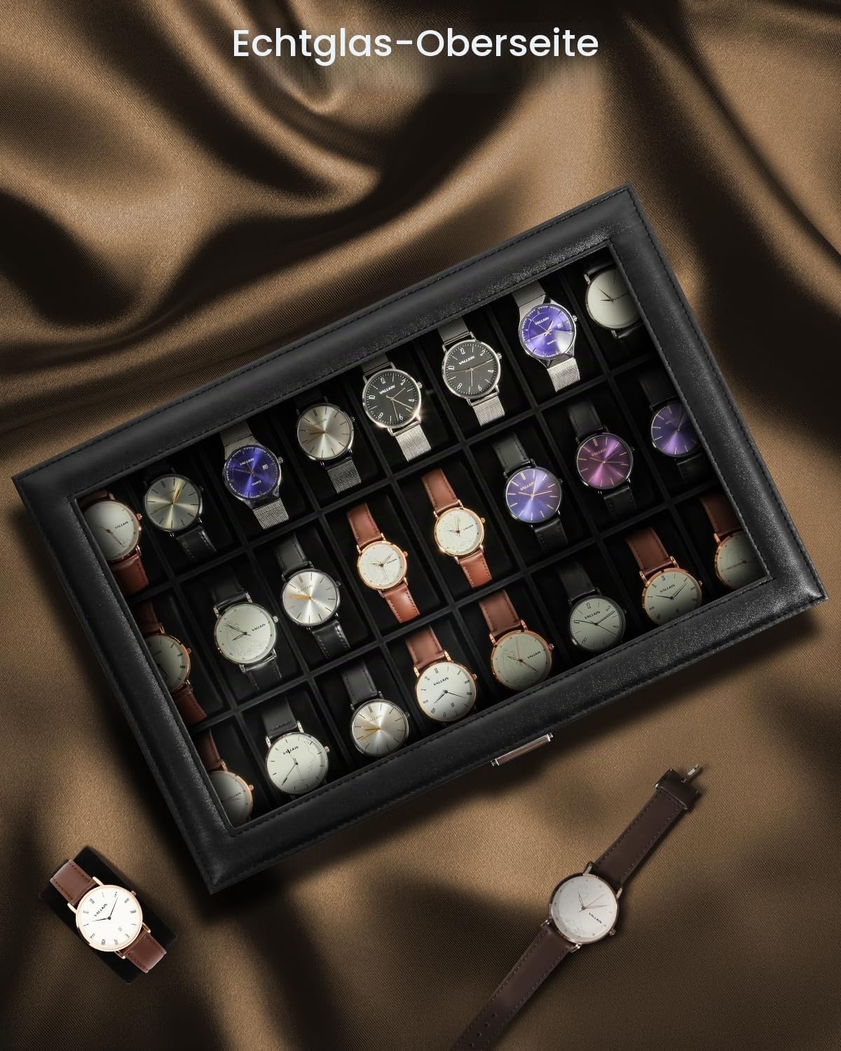 Uhrenbox für 24 Uhren mit Glasdeckel - Schwarz - bis zu 32% günstiger