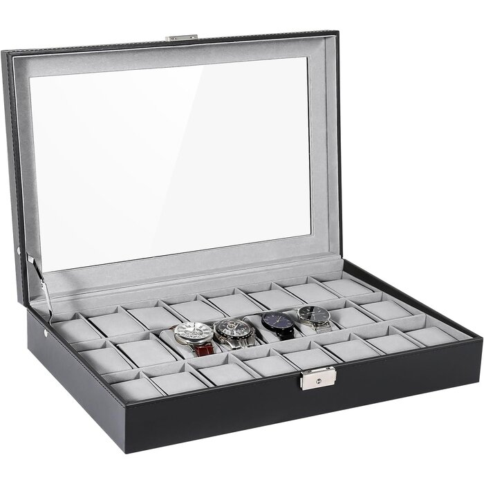 Uhrenbox für 24 Uhren mit Glasdeckel - Schwarz - bis zu 32% günstiger
