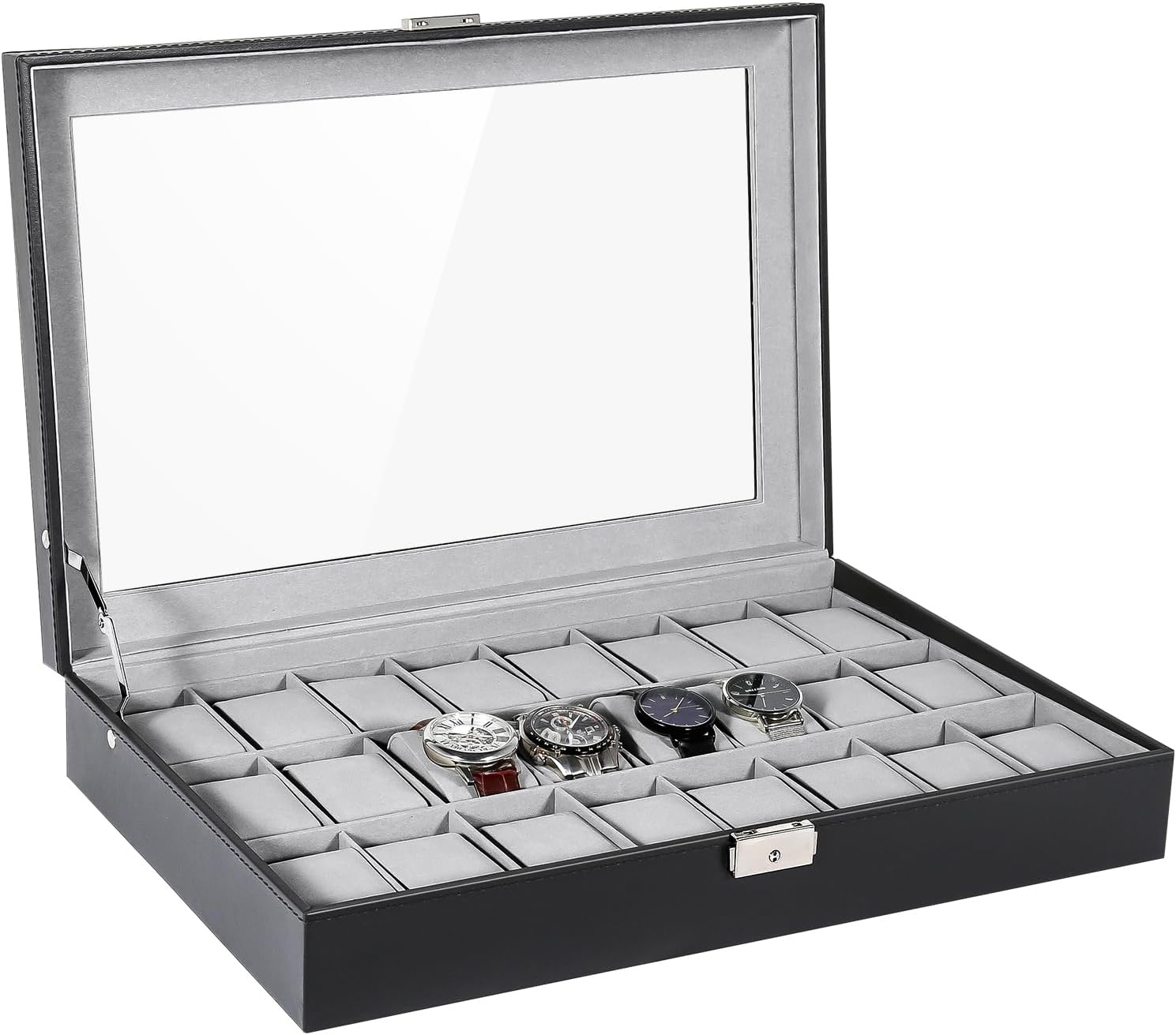 Uhrenbox für 24 Uhren mit Glasdeckel - Schwarz - bis zu 32% günstiger