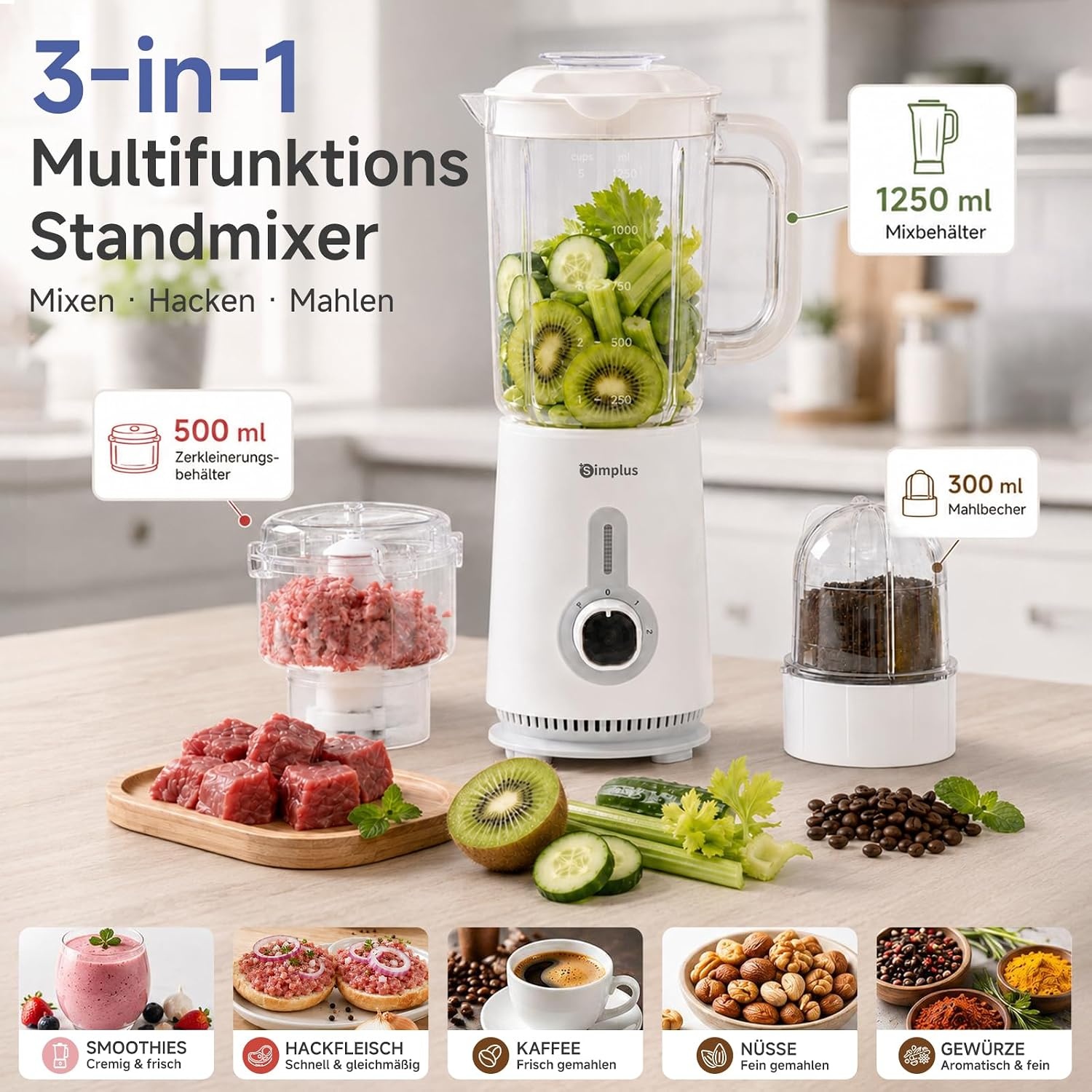 3-in-1 Standmixer weiß, 1,25L - Jetzt bis zu 33% günstiger sparen