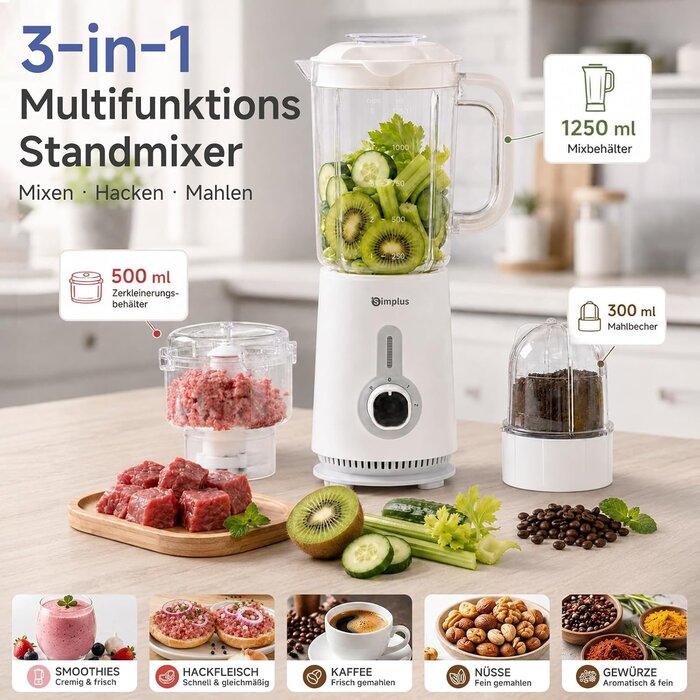 3-in-1 Standmixer weiß, 1,25L - Jetzt bis zu 33% günstiger sparen