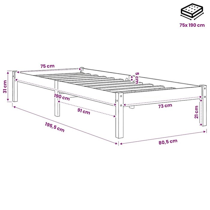 Vidaxl Bettgestell Kiefer Massiv 75x190 cm - Waschbraun - bis zu 34% Rabatt