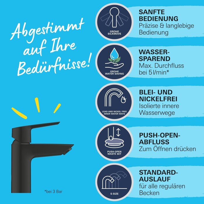 Waschtischarmatur Mattschwarz, 17 cm, wassersparend - bis zu 34% sparen
