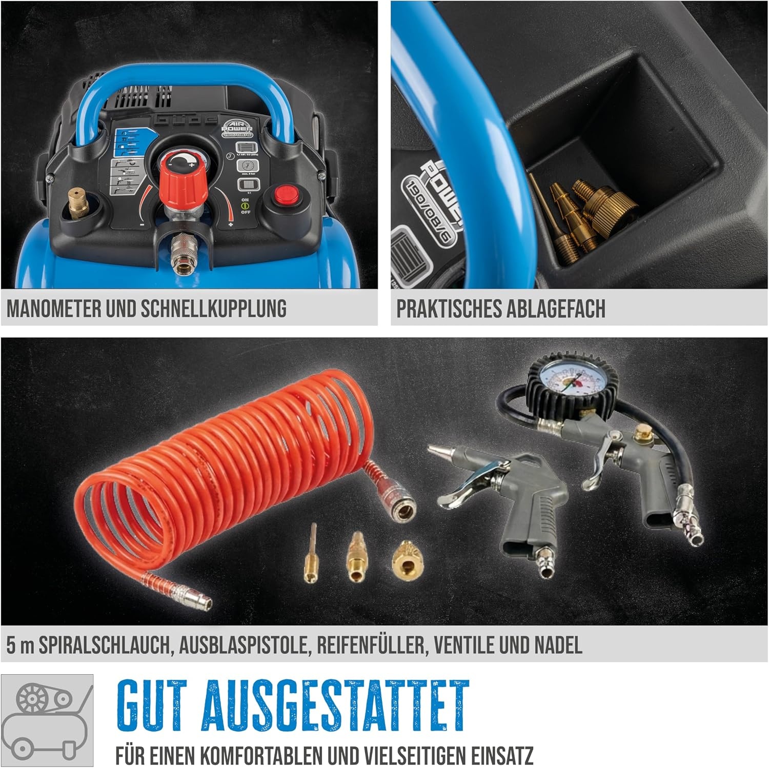 Luftkompressor 8 bar, 6 Liter - 1100W inkl. Zubehör - bis zu 34% Rabatt