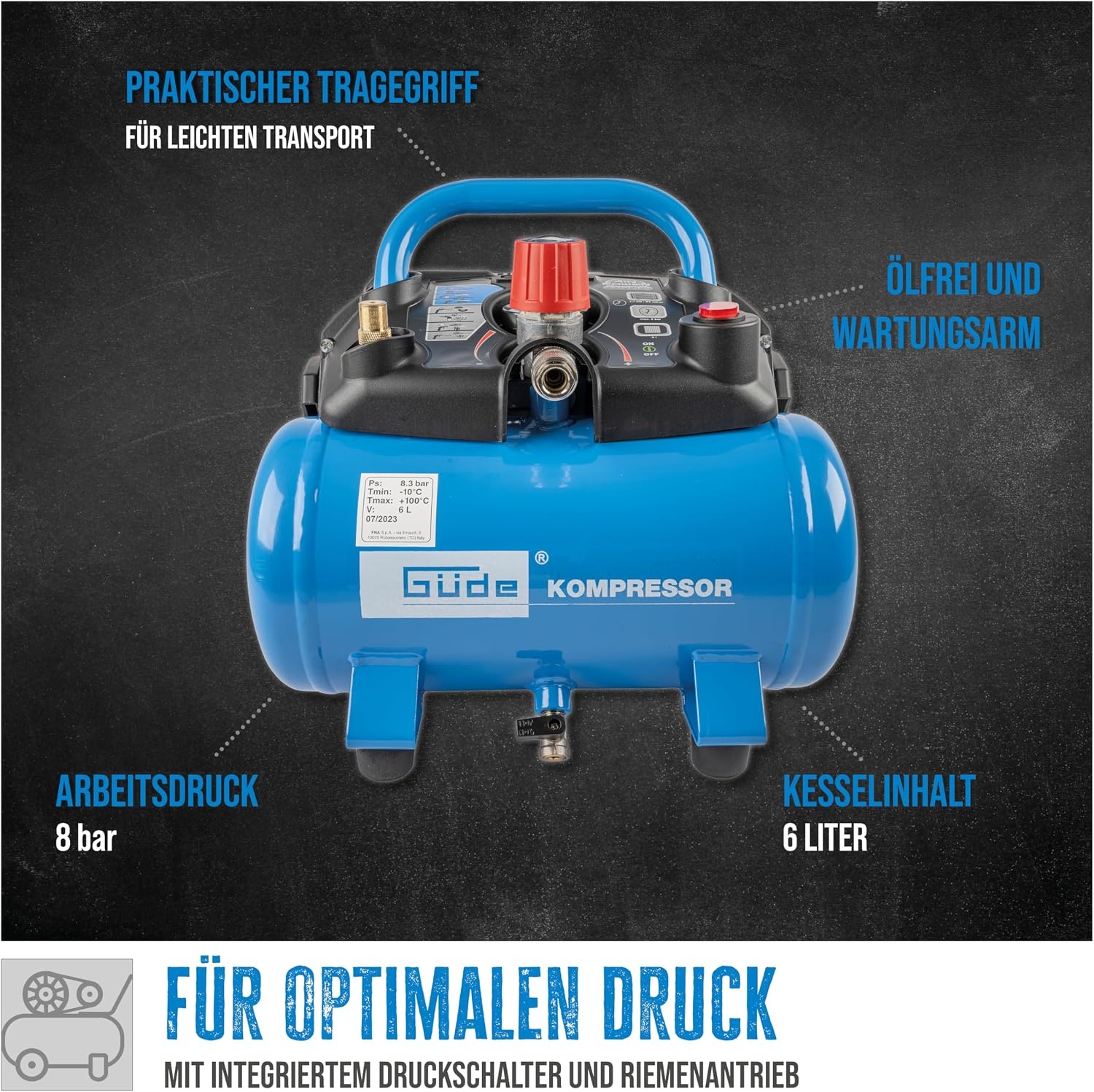 Luftkompressor 8 bar, 6 Liter - 1100W inkl. Zubehör - bis zu 34% Rabatt