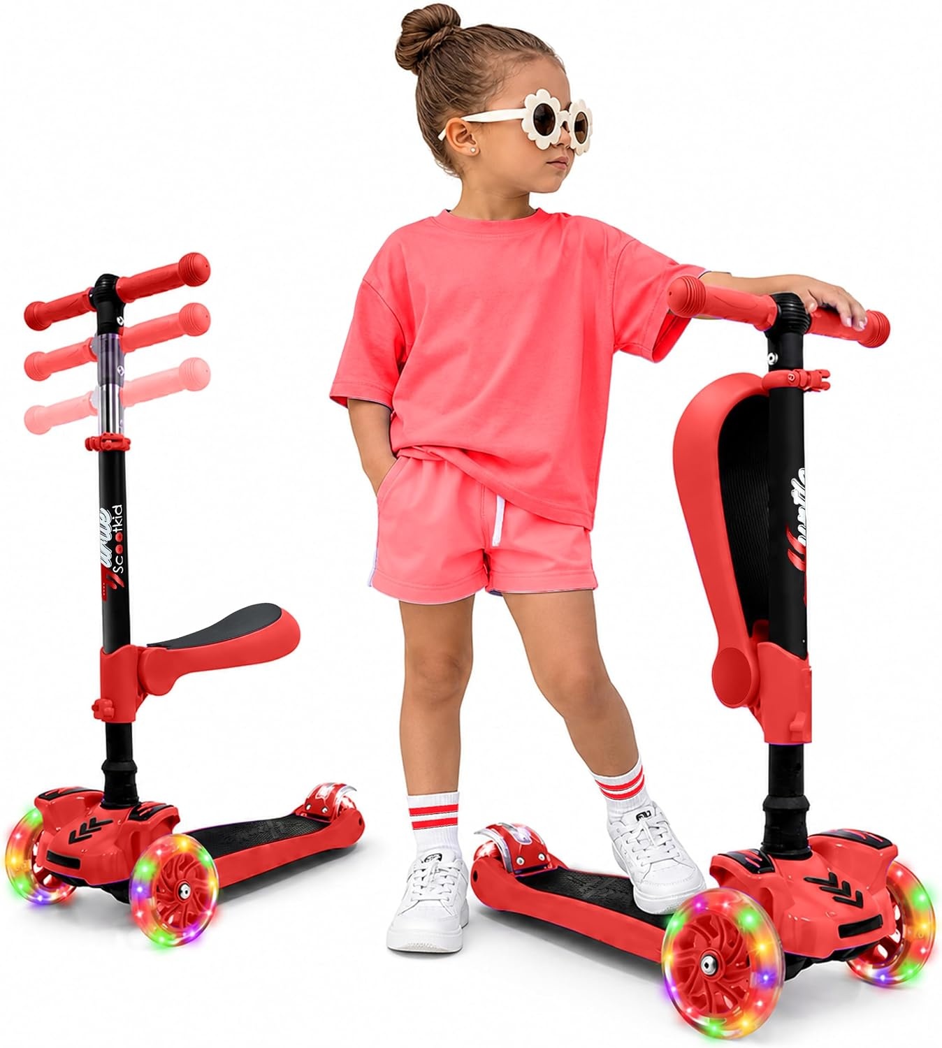 3-Rad Kinderroller mit Sitz & LED, höhenverstellbar, Rot - bis zu 33% Rabatt