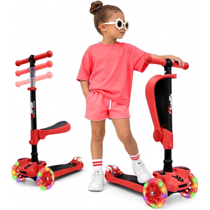 3-Rad Kinderroller mit Sitz & LED, höhenverstellbar, Rot - bis zu 33% Rabatt