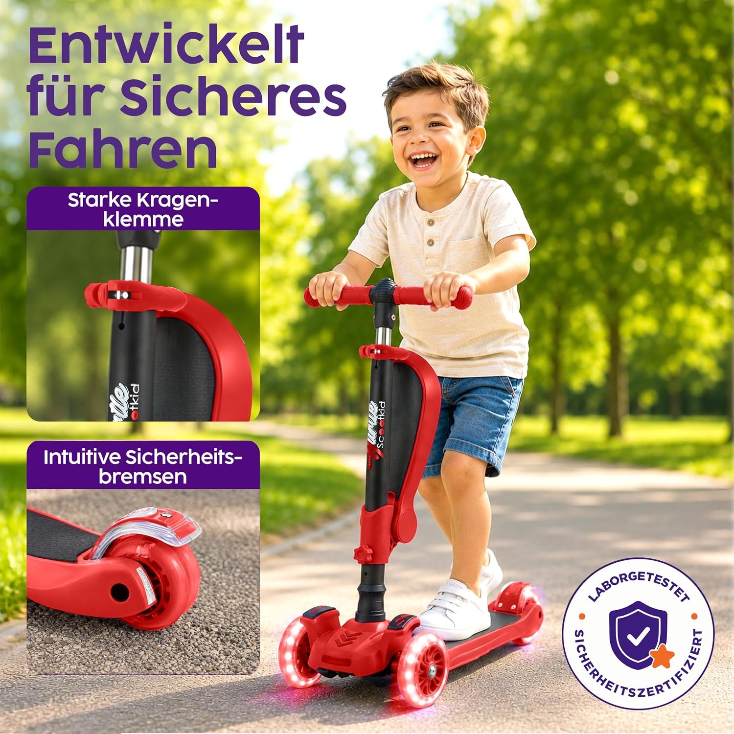 3-Rad Kinderroller mit Sitz & LED, höhenverstellbar, Rot - bis zu 33% Rabatt