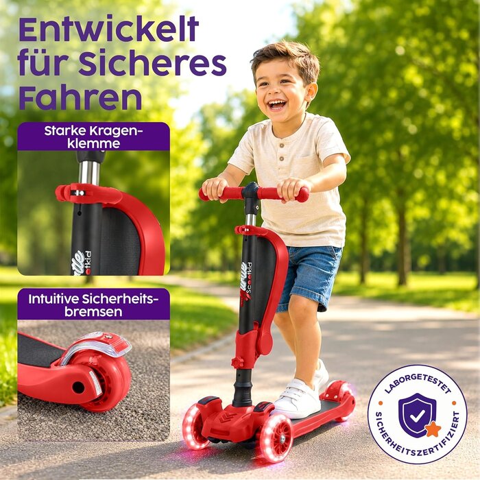 3-Rad Kinderroller mit Sitz & LED, höhenverstellbar, Rot - bis zu 33% Rabatt