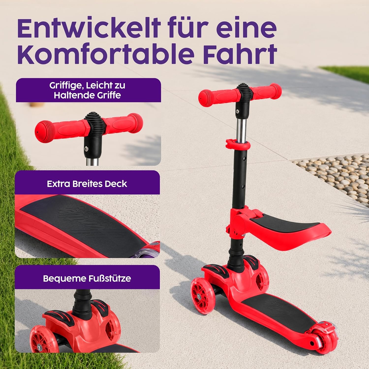 3-Rad Kinderroller mit Sitz & LED, höhenverstellbar, Rot - bis zu 33% Rabatt