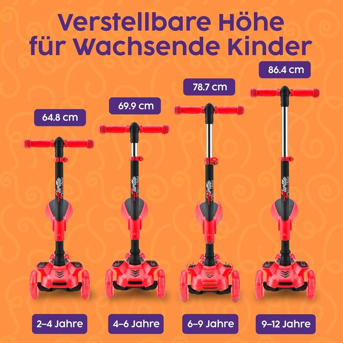 3-Rad Kinderroller mit Sitz & LED, höhenverstellbar, Rot - bis zu 33% Rabatt