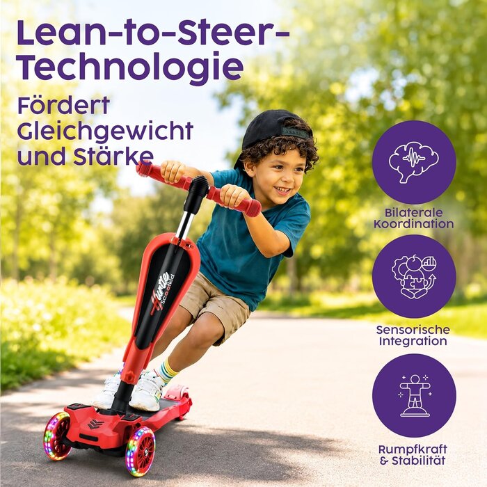 3-Rad Kinderroller mit Sitz & LED, höhenverstellbar, Rot - bis zu 33% Rabatt