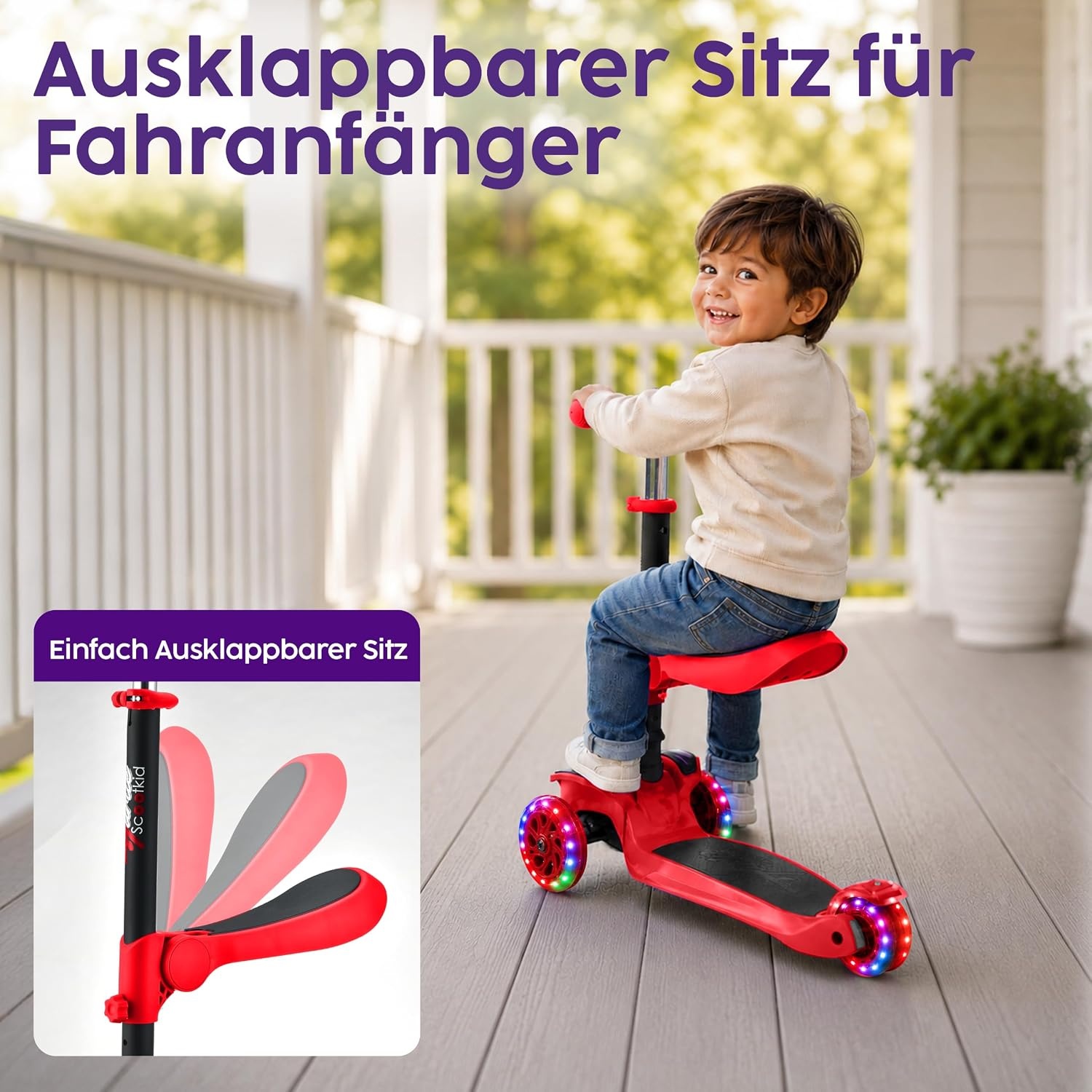 3-Rad Kinderroller mit Sitz & LED, höhenverstellbar, Rot - bis zu 33% Rabatt