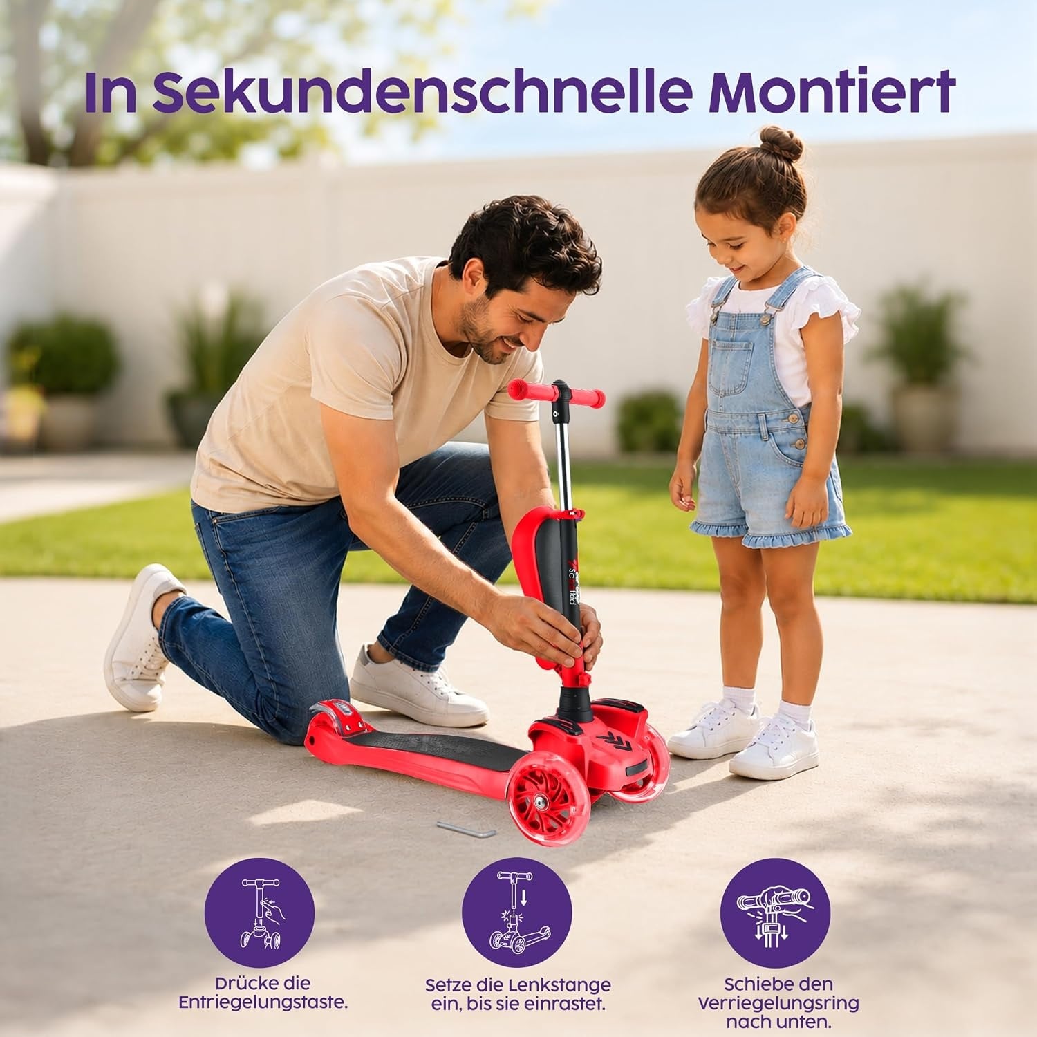 3-Rad Kinderroller mit Sitz & LED, höhenverstellbar, Rot - bis zu 33% Rabatt