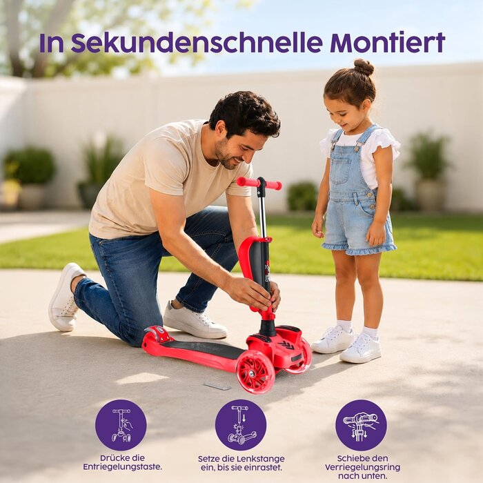 3-Rad Kinderroller mit Sitz & LED, höhenverstellbar, Rot - bis zu 33% Rabatt