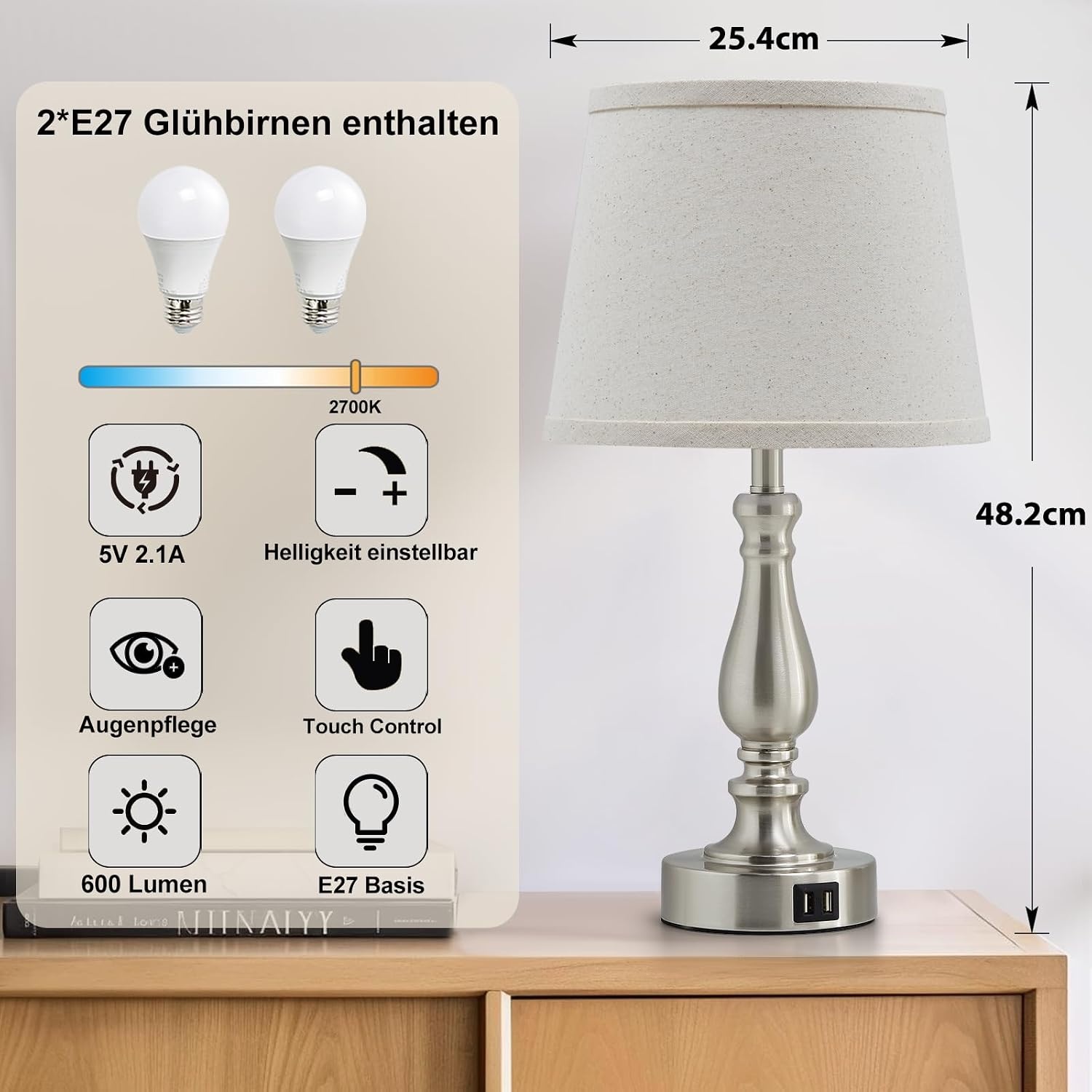 2er-Set Tischlampen mit USB & Dimmer - Gebürstetes Nickel - bis zu 34% Rabatt