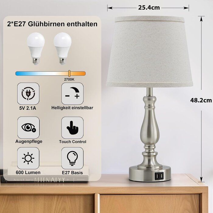 2er-Set Tischlampen mit USB & Dimmer - Gebürstetes Nickel - bis zu 34% Rabatt