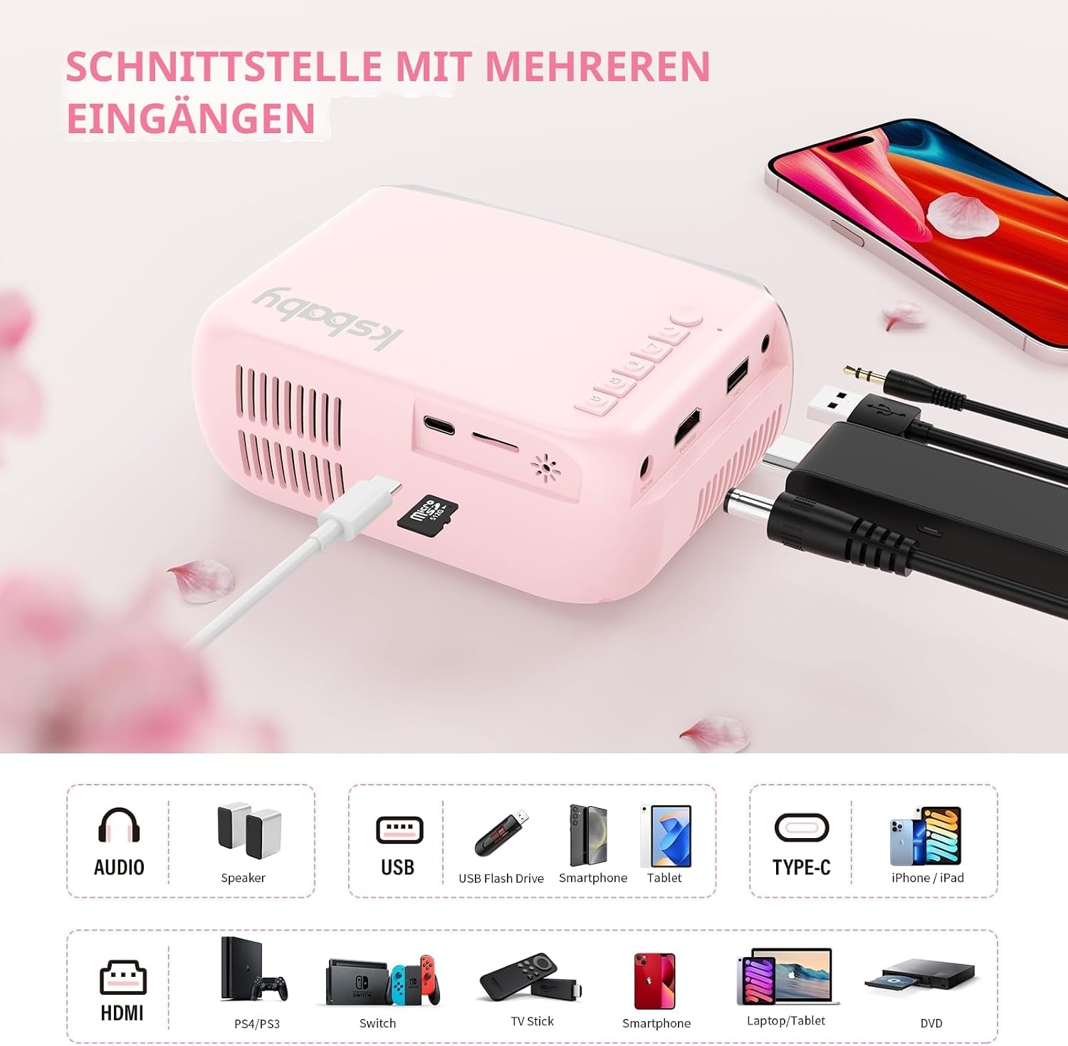 Tragbarer Mini-LED-Projektor Pink - Outdoor & Gaming - bis zu 33% reduziert