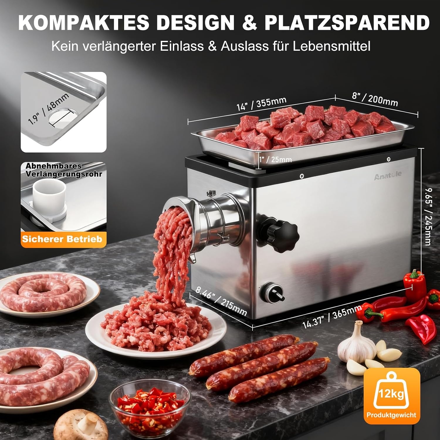 Elektrischer Fleischwolf 950W Edelstahl - Wurstfüller - Outlet bis zu 35% Rabatt
