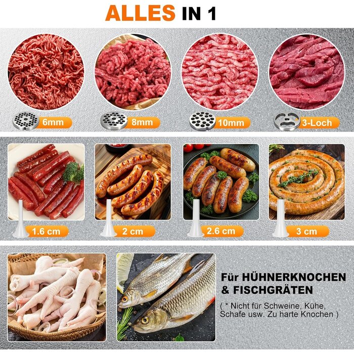 Elektrischer Fleischwolf 950W Edelstahl - Wurstfüller - Outlet bis zu 35% Rabatt