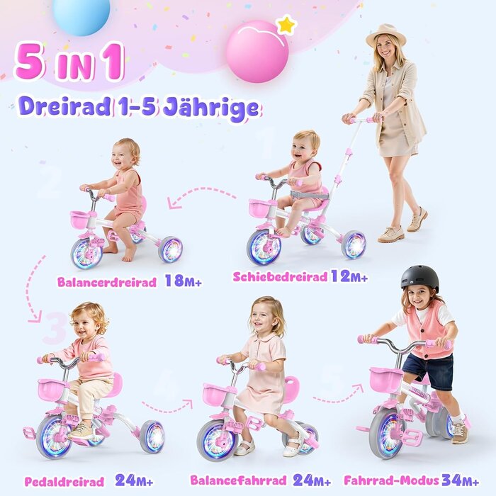 5-in-1 Kinderdreirad mit LED-Rädern - Rosa - bis zu 33% günstiger