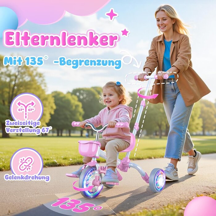 5-in-1 Kinderdreirad mit LED-Rädern - Rosa - bis zu 33% günstiger